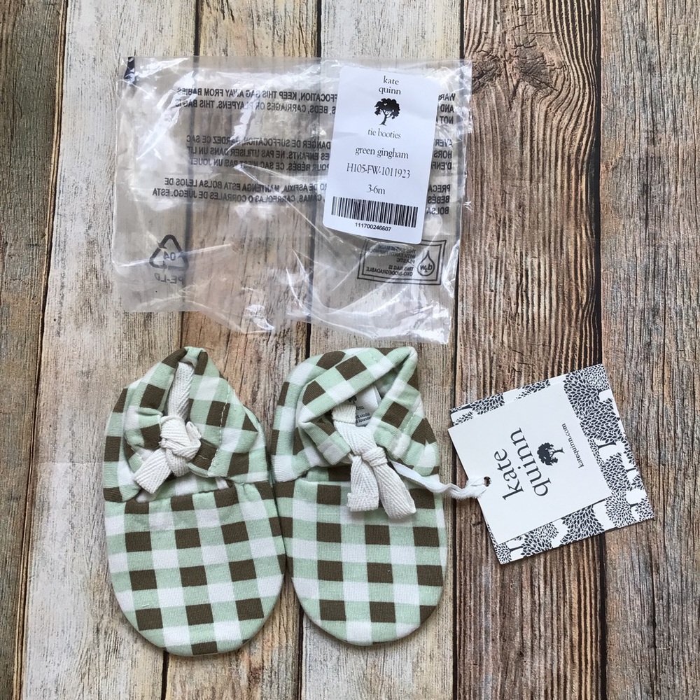 NWT Kate Quinn Green Gingham Tie Booties